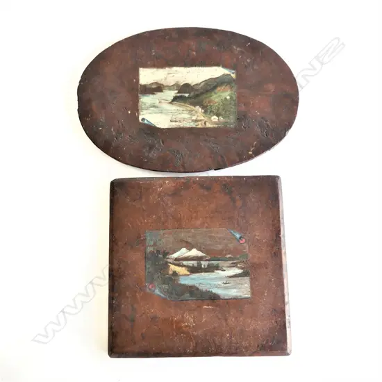 Artist unknown (in the style of J.P. Backhouse) 'Whangaroa Harbour' and Lake Taupo, miniature oils on solid totara panels, one entitled and oval, one square, each painting approx. 90 x 130mm.